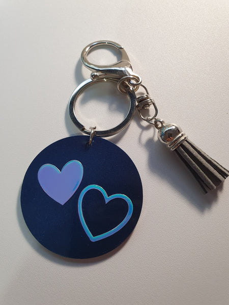 Key Ring - Blue Love Hearts (Grey Tassle)